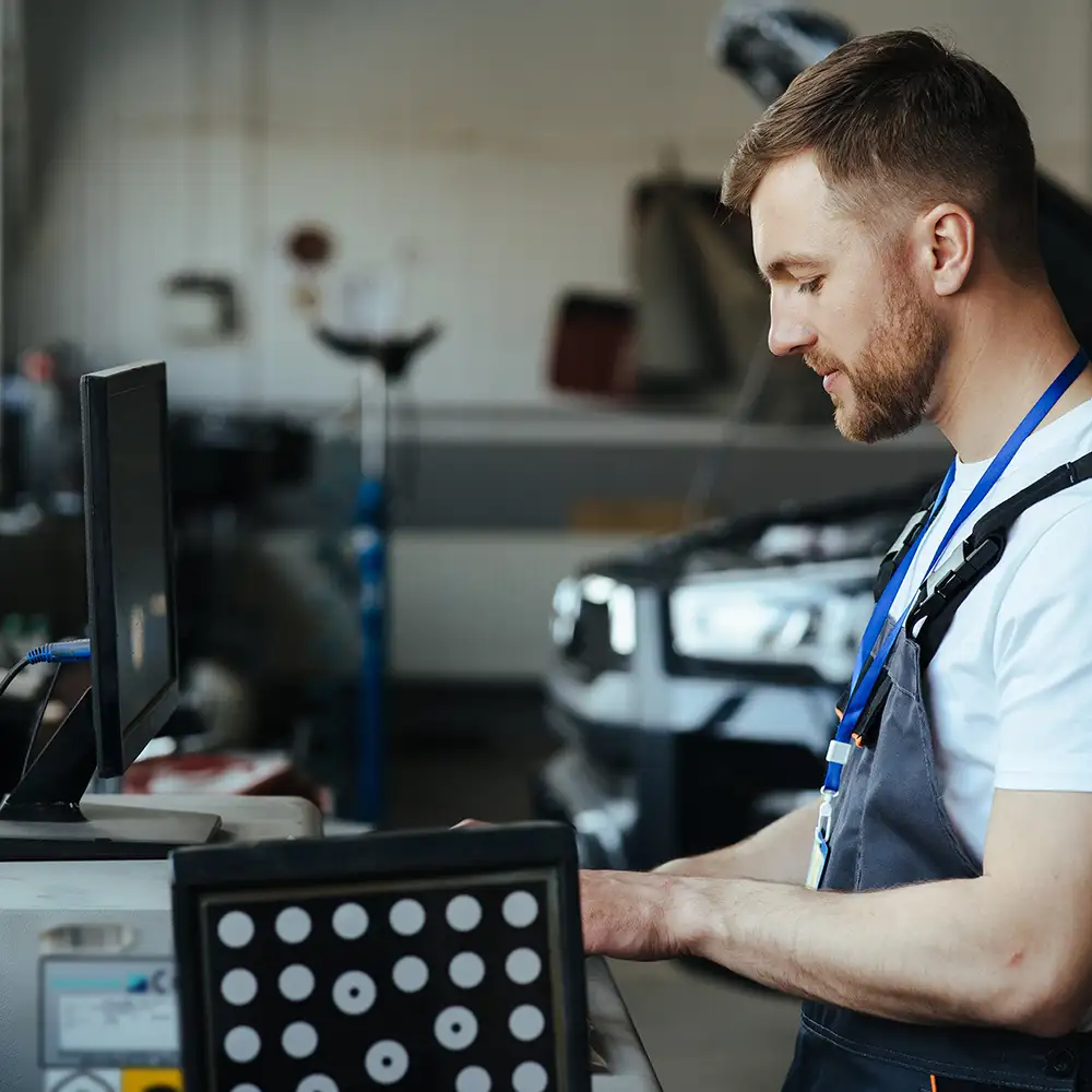 Automechaniker bei der Installation von Sensoreinstellungen und Autorädern